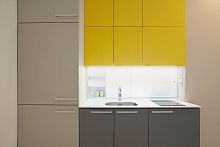 Contemporary kitchen YELLOW AND GREYlaminatehiddenwith handle