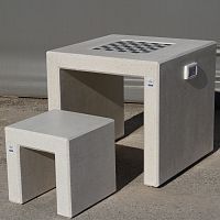 Contemporary table and bench set ANDROMEDA SQUAREconcreteengineered stonecustom