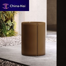 Contemporary side table MANOeucalyptusleather baseround