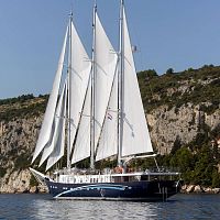 Cruising sailing super-yacht Klarawith open transomwith bowsprit3 masts