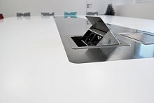 Contemporary boardroom table Solid Surfacerectangularwith integrated electrical outlet