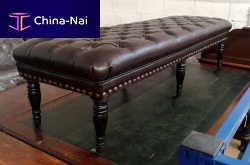 Chesterfield upholstered bench Vintageleatherbrass basewooden base